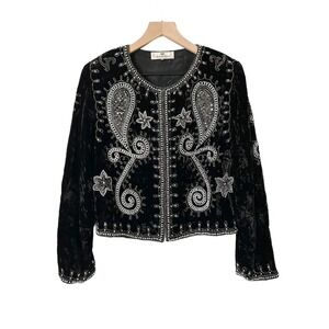 Vintage Black Velvet Beaded Paisley Star Cropped Jacket Chamois Royal Sz Medium